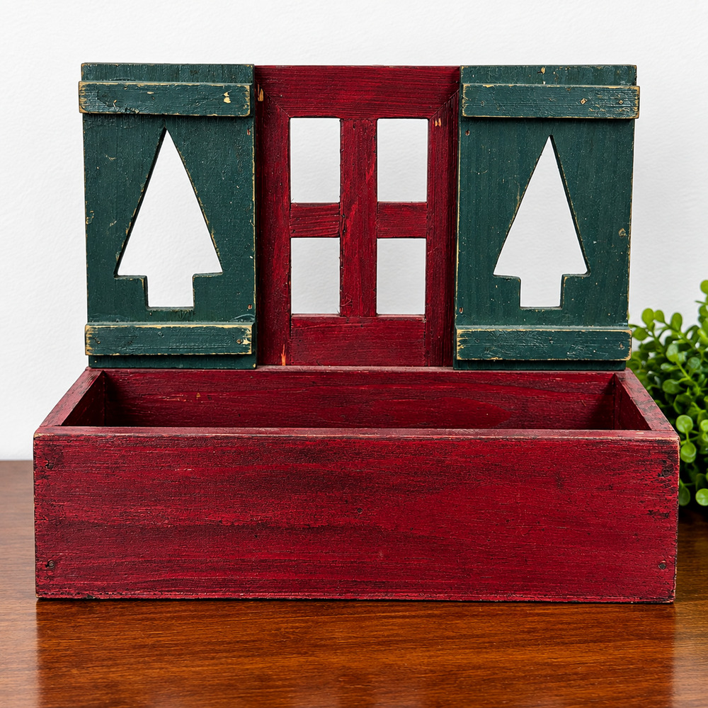 Primitive Folk Art Wooden Window Box Shelf Red Blue Tree Shutters Americana